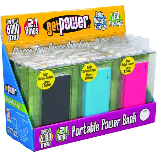 Power Bank, 2.1 A Charge, Black/Blue/Pink - pack of 12 Power Bank, 2.1 A Charge, Black/Blue/Pink - pack of 12