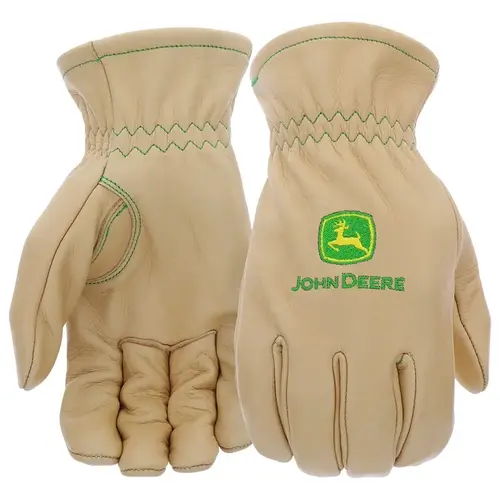 John Deere Work Gloves, Men's, XL, 4-1/2 in L, Slip-On Cuff, Cow Grain Leather, Beige Pair
