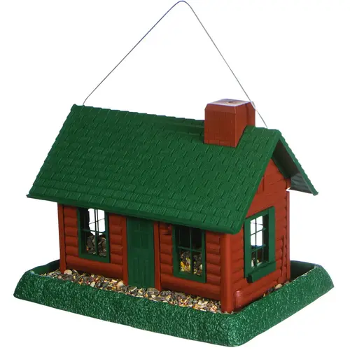 9063 Hopper Bird Feeder, Log Cabin, 8 lb, Plastic, Green, 11 in H, Hanging/Pole Mounting