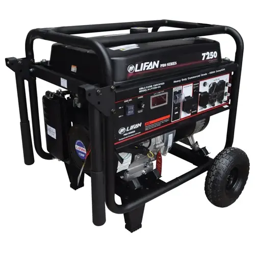 Generator, 50 A, 120/240 V, 7250 W Output, Unleaded Gas, 7.5 gal Tank, 12 hr Run Time, Recoil Start Generator, 50 A, 120/240 V, 7250 W Output, Unleaded Gas, 7.5 gal Tank, 12 hr Run Time, Recoil Start