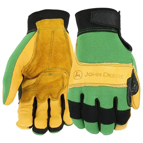 John Deere Gloves, Men's, XL, Reinforced Thumb, Hook and Loop Cuff, Spandex Back, Green/Yellow Pair John Deere Gloves, Men's, XL, Reinforced Thumb, Hook and Loop Cuff, Spandex Back, Green/Yellow Pair