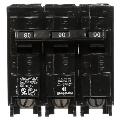 Circuit Breaker, Low Voltage, Mini, 90 A, 3 -Pole, 240 VAC, Common Trip, Plug Mounting Circuit Breaker, Low Voltage, Mini, 90 A, 3 -Pole, 240 VAC, Common Trip, Plug Mounting