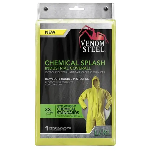 VENCV400 Chemical Splash Coveralls, L, XL, Unisex, Zipper Closure, Polyethylene/Polypropylene, Yellow
