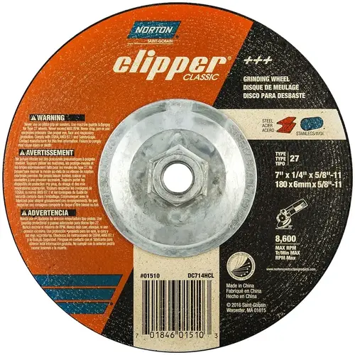 Clipper Classic A AO Series Grinding Wheel, 7 in Dia, 1/4 in Thick, 5/8-11 Arbor Clipper Classic A AO Series Grinding Wheel, 7 in Dia, 1/4 in Thick, 5/8-11 Arbor