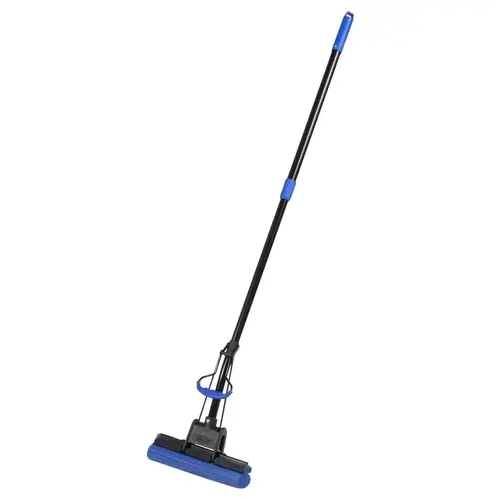 Bulldozer Roller Mop, 12 in W Frame, PVA Sponge Mop Head, Aluminum Handle Blue