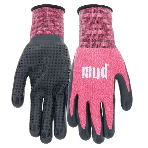 Mud Gloves, Women's, XS, 9 in L, Knit Wrist, Seamless Cuff, Nitrile Coating, Nylon Glove, Pink/Watermelon Pair