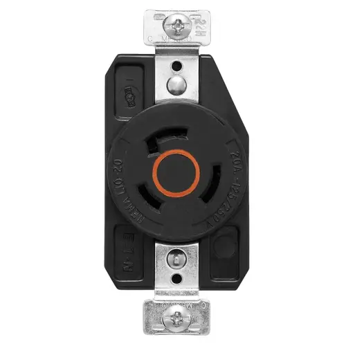 Locking Single Receptacle, 3 -Pole, 125/250 VAC, 20 A, Back and Side Wiring, NEMA: NEMA L10-20 Black/Orange Locking Single Receptacle, 3 -Pole, 125/250 VAC, 20 A, Back and Side Wiring, NEMA: NEMA L10-20 Black/Orange