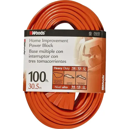 Extension Cord, 14 AWG Cable, 100 ft L, 13 A, 125 V, Orange Extension Cord, 14 AWG Cable, 100 ft L, 13 A, 125 V, Orange