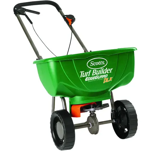 DLX Broadcast Spreader, 15,000 sq-ft Coverage Area, Plastic Hopper, High-Traction Wheel