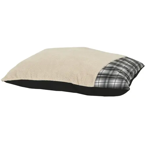 Pillow Bed, 27 in L, 36 in W, Faux Lambs Wool Plush and Wide Wale Corduroy Fabric Cover, Cream/Red