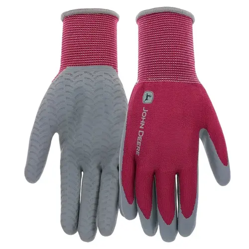 John Deere Gloves, Women's, M/L, 3.82 in L, Knit Wrist, Seamless Cuff, Nitrile Coating, Gray/Maroon Pair