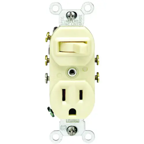 Combination Switch/Receptacle, 1 -Pole, 15 A, 120 V Switch, 125 V Receptacle, Ivory Combination Switch/Receptacle, 1 -Pole, 15 A, 120 V Switch, 125 V Receptacle, Ivory