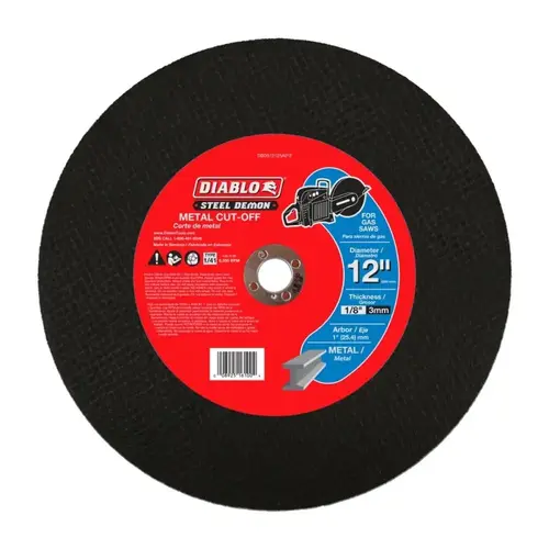 Steel Demon High-Speed Cut-Off Disc, 12 in Dia, 1/8 in Thick, 1 in Arbor, Ceramic Abrasive Steel Demon High-Speed Cut-Off Disc, 12 in Dia, 1/8 in Thick, 1 in Arbor, Ceramic Abrasive