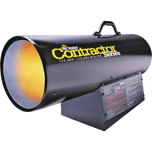 Forced Air Gas Heater, 100 lb Fuel Tank, Propane, 125000 to 170000 Btu, 450 cfm Air, Black Forced Air Gas Heater, 100 lb Fuel Tank, Propane, 125000 to 170000 Btu, 450 cfm Air, Black