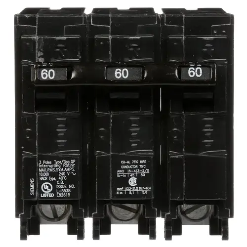 Circuit Breaker, Low Voltage, Mini, Standard, 60 A, 3 -Pole, 240 VAC, Common Trip, Plug Mounting Circuit Breaker, Low Voltage, Mini, Standard, 60 A, 3 -Pole, 240 VAC, Common Trip, Plug Mounting