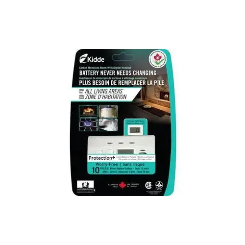 Carbon Monoxide Alarm, 10 ft, +/-30 % Accuracy, 4 to 15 min Response, Digital Display, 85 dB White Carbon Monoxide Alarm, 10 ft, +/-30 % Accuracy, 4 to 15 min Response, Digital Display, 85 dB White