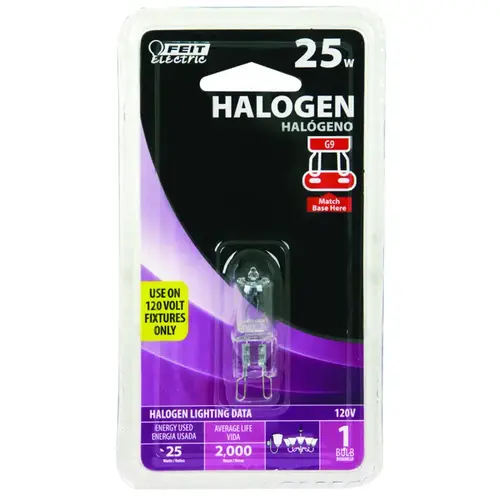 BPQ25/G9 Halogen Bulb, 25 W, G9 Lamp Base, JCD T4 Lamp, 3000 K Color Temp, 2000 hr Average Life BPQ25/G9 Halogen Bulb, 25 W, G9 Lamp Base, JCD T4 Lamp, 3000 K Color Temp, 2000 hr Average Life