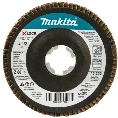 X-LOCK Grinding and Polishing Flap Disc, 4-1/2 in Dia, 7/8 in Arbor, 60 Grit, Coarse Teal X-LOCK Grinding and Polishing Flap Disc, 4-1/2 in Dia, 7/8 in Arbor, 60 Grit, Coarse Teal