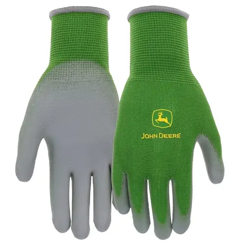 John Deere Youth Gloves, 3-1/2 in L, Knit Wrist, Seamless Cuff, Polyurethane Coating, Gray/Green Pair John Deere Youth Gloves, 3-1/2 in L, Knit Wrist, Seamless Cuff, Polyurethane Coating, Gray/Green Pair