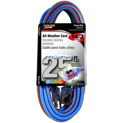 Extension Cord, 14 AWG Cable, 5-15P Grounded Plug, 5-15R Grounded Receptacle, 25 ft L, 15 A, 125 V