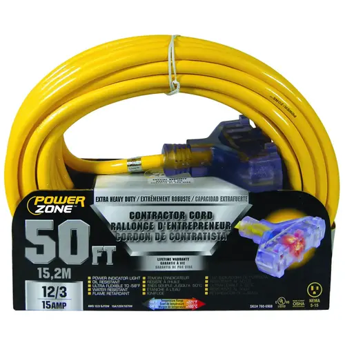 Contractor Cord, 12 AWG Cable, 50 ft L, 15 A, 125 V, Yellow Contractor Cord, 12 AWG Cable, 50 ft L, 15 A, 125 V, Yellow