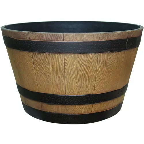 Planter, 22.24 in W, 22.24 in D, Round, Whiskey Barrel Design, Resin, Natural Oak Planter, 22.24 in W, 22.24 in D, Round, Whiskey Barrel Design, Resin, Natural Oak