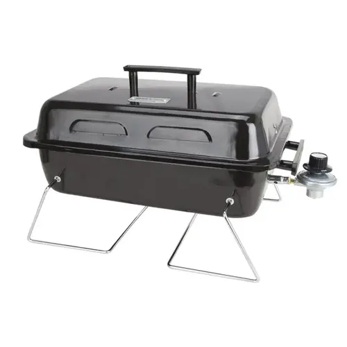 Portable Gas Grill, 1 -Grate, 168 sq-in Primary Cooking Surface, Black, Steel Body