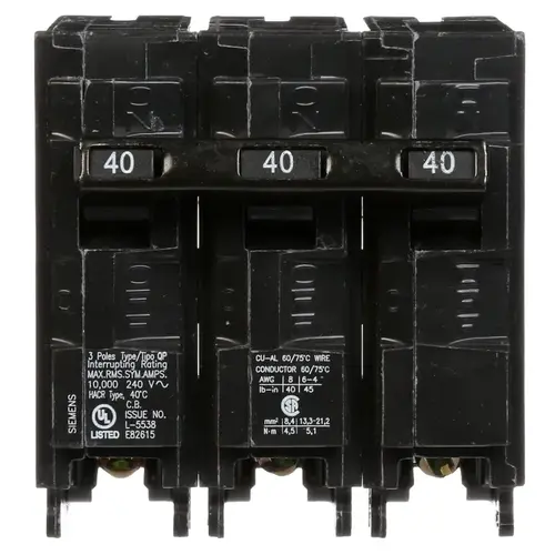 Circuit Breaker, Low Voltage, Mini, Standard, 40 A, 3 -Pole, 240 VAC, Common Trip, Plug Mounting
