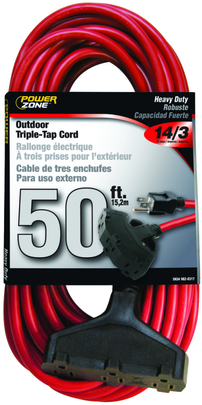 PowerZone OR614730/606730 Extension Cord, 14 AWG Cable, 50 ft L, 15 A, 125 V, Red