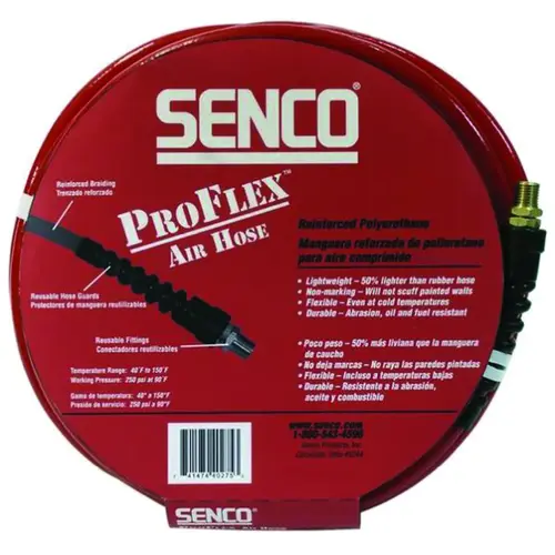 Air Hose, 1/4 in OD, 50 ft L, MPT, 250 psi Pressure, Polyurethane Air Hose, 1/4 in OD, 50 ft L, MPT, 250 psi Pressure, Polyurethane