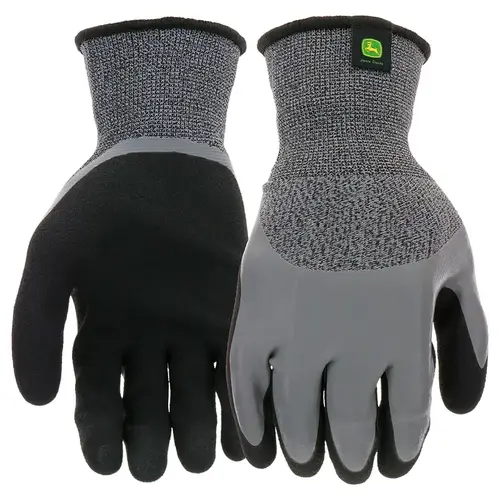 John Deere Double-Dipped Gloves, L, 4-1/4 in L, Knit Wrist, Seamless Cuff, Latex Coating, Black/Gray Pair John Deere Double-Dipped Gloves, L, 4-1/4 in L, Knit Wrist, Seamless Cuff, Latex Coating, Black/Gray Pair