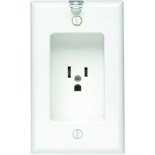 Clock Hanger Receptacle, 2 -Pole, 125 V, 15 A, NEMA: NEMA 5-15R, White Clock Hanger Receptacle, 2 -Pole, 125 V, 15 A, NEMA: NEMA 5-15R, White