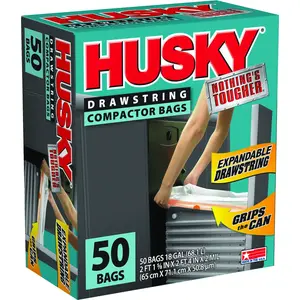 Husky HK18XDS050W Trash Compactor Bag with Drawstring, 18 gal Capacity, White, 2 ft 1-5/8 in L, 2 ft 4 in W - pack of 50