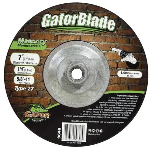 Cut-Off Wheel, 7 in Dia, 1/4 in Thick, 5/8-11 in Arbor, Silicone Carbide Abrasive Cut-Off Wheel, 7 in Dia, 1/4 in Thick, 5/8-11 in Arbor, Silicone Carbide Abrasive