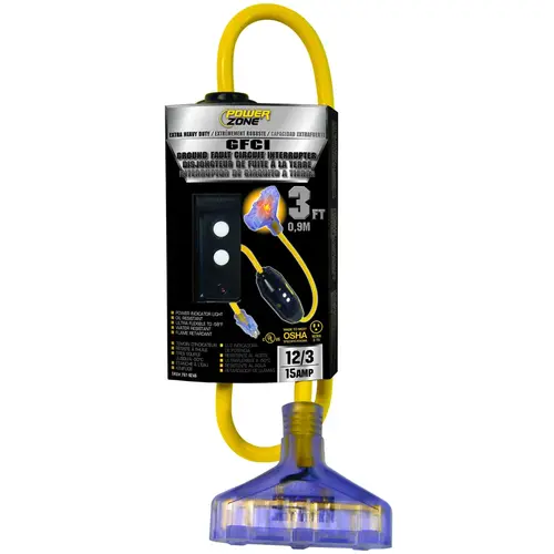 Outlet Adapter, 3 ft Cable, 3 ft L, 15 A, 125 V, Yellow Outlet Adapter, 3 ft Cable, 3 ft L, 15 A, 125 V, Yellow