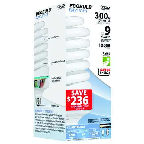 Compact Fluorescent Bulb, 85 W, Spiral Lamp, Medium E26 Lamp Base, 4700 Lumens, 6500 K Color Temp Compact Fluorescent Bulb, 85 W, Spiral Lamp, Medium E26 Lamp Base, 4700 Lumens, 6500 K Color Temp