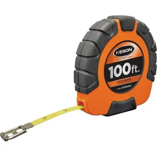 Tape Measure, 100 ft L Blade, 3/8 in W Blade, Steel Blade, ABS Case, Orange Case