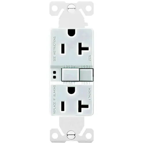 GFCI Duplex Receptacle, 2 -Pole, 20 A, 125 V, Back, Side Wiring, NEMA: 5-20R, White GFCI Duplex Receptacle, 2 -Pole, 20 A, 125 V, Back, Side Wiring, NEMA: 5-20R, White