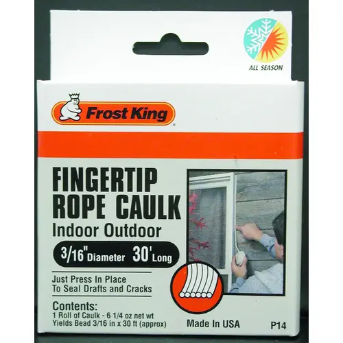 Fingertip Rope Caulk, 30 ft L, Vinyl, Gray Fingertip Rope Caulk, 30 ft L, Vinyl, Gray