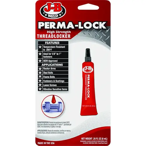 Perma-Lock Threadlocker, Liquid, Mild Organic, Slight, Red, 6 mL Tube