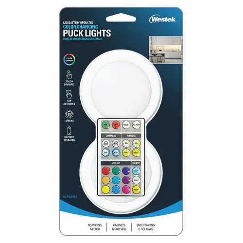 Color-Changing Adjustable Puck Light, AA Battery, LED Lamp, 80 Lumens, White - pack of 2