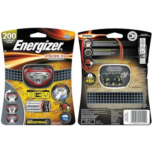 Headlight, AAA Battery, Alkaline Battery, LED Lamp, 200 Lumens, 50 m Beam Distance, 8.5 hr Run Time Red