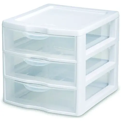 Small Drawer Unit, 3-Drawer, Plastic, 7-1/4 in OAW, 8-1/2 in OAH, 6-7/8 in OAD Clear/White