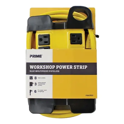 Power Strip, 6 ft L Cable, Straight Plug, 15 A, 125 V, Black/Yellow Power Strip, 6 ft L Cable, Straight Plug, 15 A, 125 V, Black/Yellow