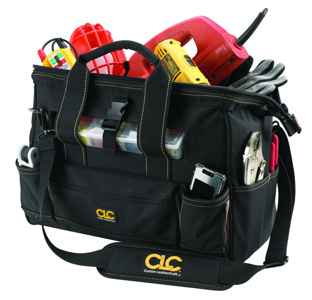 CLC 1534 Tool Works Series Tool Bag, 8 in W, 11 in D, 16 in H, 25-Pocket, Polyester, Yellow