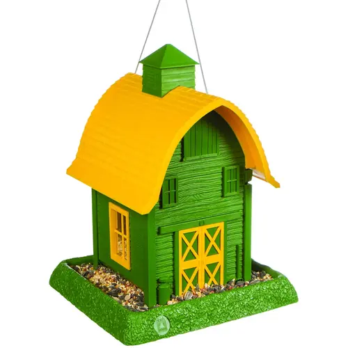 Hopper Bird Feeder, Barn, 5 lb, Plastic, Green/Yellow, 13-1/4 in H, Hanging/Pole Mounting Hopper Bird Feeder, Barn, 5 lb, Plastic, Green/Yellow, 13-1/4 in H, Hanging/Pole Mounting