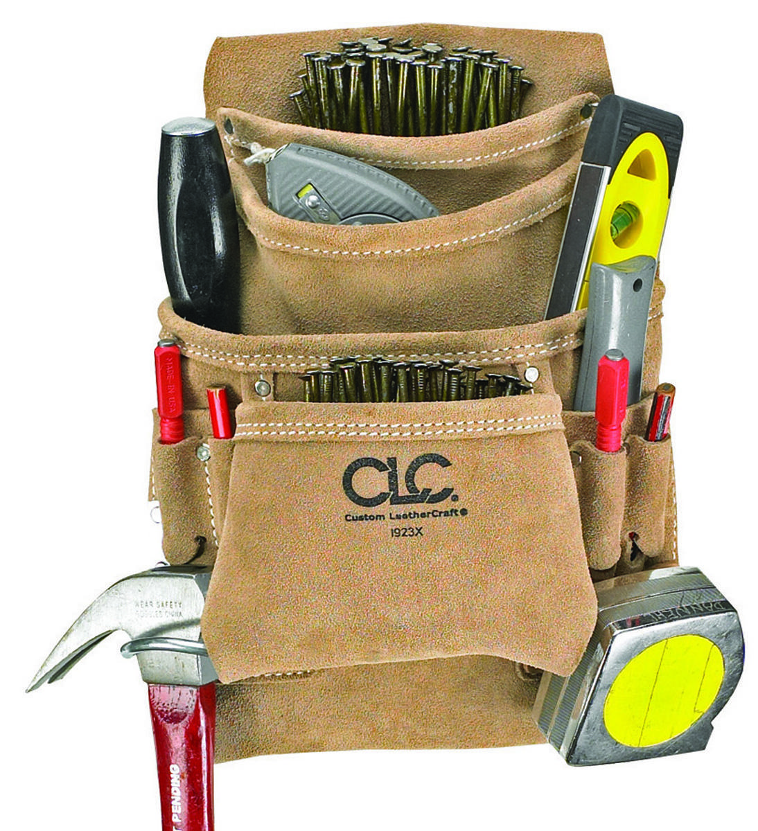 CLC I923X Tool Works Series Nail and Tool Bag, 10-Pocket, Suede Leather, Tan, 20-1/2 in W, 12 in H