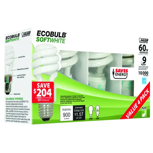 Compact Fluorescent Bulb, 13 W, Spiral Lamp, Medium E26 Lamp Base, 900 Lumens, 2700 K Color Temp Clear - pack of 4 Compact Fluorescent Bulb, 13 W, Spiral Lamp, Medium E26 Lamp Base, 900 Lumens, 2700 K Color Temp Clear - pack of 4
