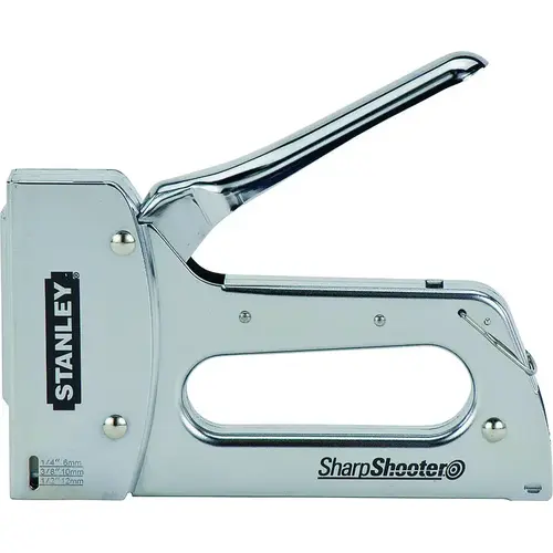 Staple Gun, 84 Magazine, 27/64 in W Crown, 1/4 to 9/16 in L Leg, Steel Staple, Silver Staple Gun, 84 Magazine, 27/64 in W Crown, 1/4 to 9/16 in L Leg, Steel Staple, Silver