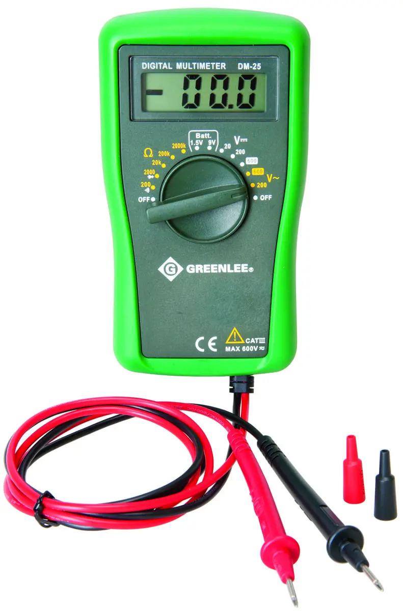 Greenlee Multimeter Digital Display Functions: AC Voltage DC Voltage Resistance Black/Green DM-25 Greenlee Multimeter Digital Display Functions: AC Voltage DC Voltage Resistance Black/Green DM-25